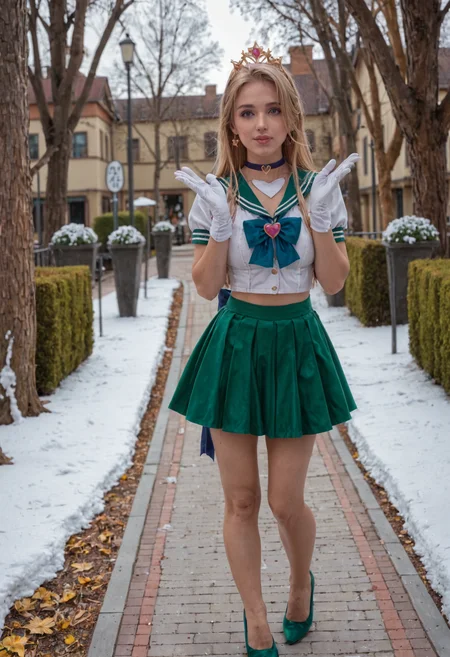realistic, real life, score_9, score_8_up, score_7_up, skin-texture,   green eyes,forehead jewel,green hair,medium hair,tiara,brooch,choker,gloves,heart,heart brooch,jewelry,magical girl,sailor senshi uniform,skirt,star choker,white gloves,bow,green bow,green sailor collar,green skirt, (ok sign:1.1), (park:1.1),(summer:1.1),(dusk:1.1),(Snowy day:1.1), (full_shot:1.1),(full_body:1.1),front view,
