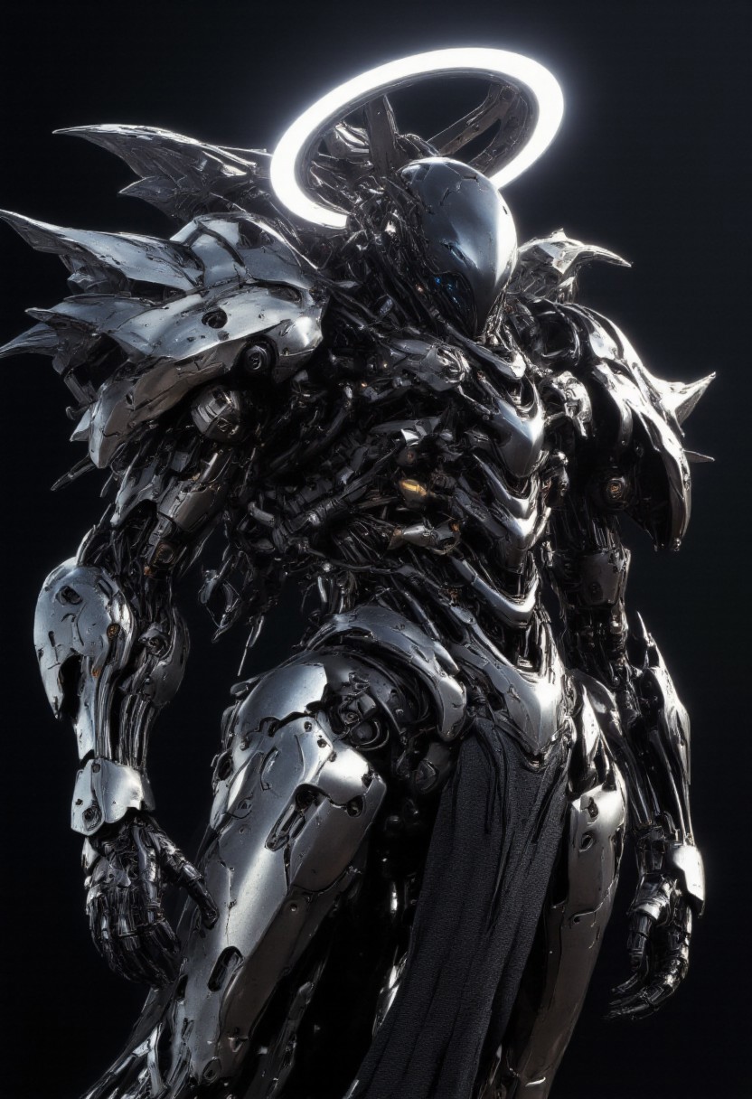 highly detailed and hyper realistic and dynamic.
This is a highly detailed digital illustration of a futuristic robot with a humanoid shape, likely created using a 3D modeling software. The robot has a sleek, metallic body with intricate, segmented armor plating and a dark, almost black, metallic headpiece that includes a glowing, circular halo-like light on top. The headpiece has a smooth, glossy texture, while the body armor is more rugged and textured, with visible bolts and mechanical details. The robot's eyes are not visible, suggesting a more mechanical, less human-like appearance.The robot is depicted from a slightly low-angle, three-quarter view, which emphasizes its imposing and advanced nature. The background is a simple, dark gradient, which helps to highlight the robot without any distractions. The lighting is soft but directional, casting subtle shadows that enhance the robot's three-dimensional form. The aesthetic quality of the image is very high, with a strong focus on detail and realism. The style is reminiscent of concept art used in science fiction films or video games, with a strong emphasis on futuristic and advanced technology. The background is blurred, ensuring the robot remains the focal point of the image.