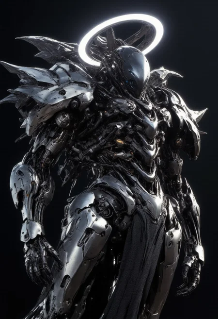 highly detailed and hyper realistic and dynamic.
This is a highly detailed digital illustration of a futuristic robot with a humanoid shape, likely created using a 3D modeling software. The robot has a sleek, metallic body with intricate, segmented armor plating and a dark, almost black, metallic headpiece that includes a glowing, circular halo-like light on top. The headpiece has a smooth, glossy texture, while the body armor is more rugged and textured, with visible bolts and mechanical details. The robot's eyes are not visible, suggesting a more mechanical, less human-like appearance.The robot is depicted from a slightly low-angle, three-quarter view, which emphasizes its imposing and advanced nature. The background is a simple, dark gradient, which helps to highlight the robot without any distractions. The lighting is soft but directional, casting subtle shadows that enhance the robot's three-dimensional form. The aesthetic quality of the image is very high, with a strong focus on detail and realism. The style is reminiscent of concept art used in science fiction films or video games, with a strong emphasis on futuristic and advanced technology. The background is blurred, ensuring the robot remains the focal point of the image.