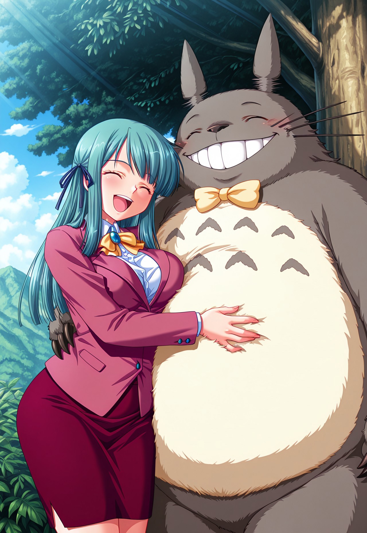 masterpiece, best quality, absurdres, very aesthetic, ultra-detailed, BREAK tkmsaya, 1girl, long hair, aqua hair, large breasts, hair ribbon, ^ ^, smile, happy, default_outfit1, pink jacket, pencil skirt, red skirt, shirt, white shirt, collared shirt, bowtie, brooch, formal, suit, BREAK 1other, (totoro, studio ghibli, furry, big, fat, whiskers, grey skin, fluffy yellow belly, big smile, claws), outdoors, standing, hug