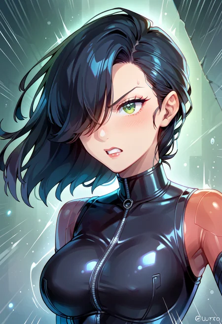 score_9, score_8_up, score_7_up,
source_cartoon, 2d,
<lora:DetailedEyes_last:1>, green eyes, angry, aggressive, violent, action, dynamic, bouncing breasts,
high quality, , solo, Tron style, Quorra (Tron: Legacy), black hair, straight hair, hair over one eye, bodysuit, neon trim, arm gloves, latex bodysuit, TRON suit, medium breasts, Round Breasts, (close up:1.4),