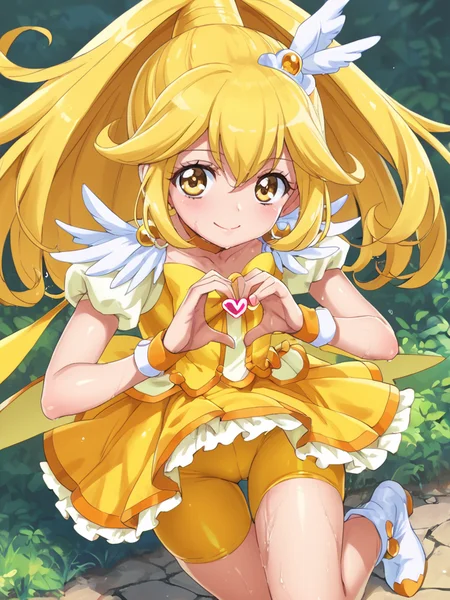 score_9,score_8_up,score_7_up,score_6_up,
curepeace, shiny, shiny skin, wet, wet skin, heart hands, wing hair ornament, wrist cuffs, yellow bike shorts, shorts under skirt, white boots, smile,
<lora:Pony_DetailV2.0:0.75> <lora:curepeace.pony:0.75>