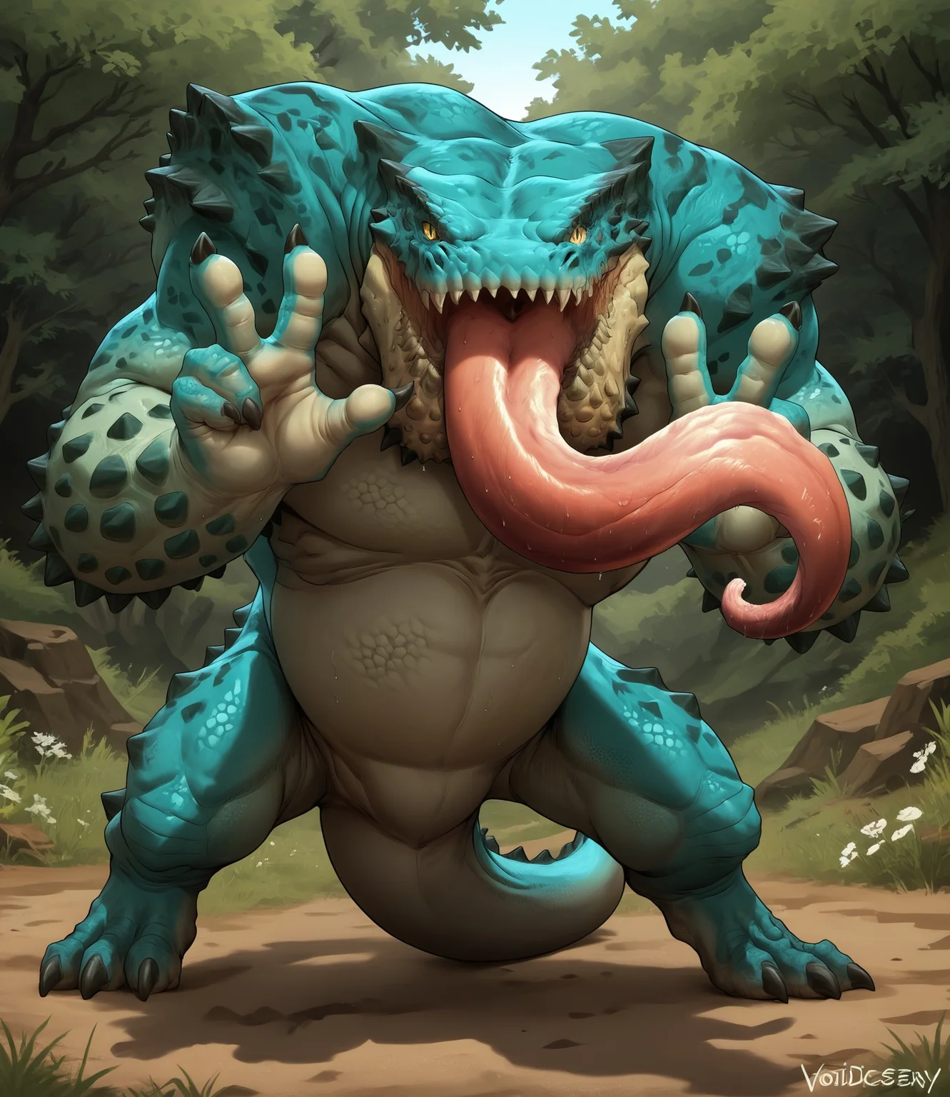 Voidlesky <lora:Voidlesky:0.7>
score_9, score_8_up, score_8, source_furry, 1boy, scalie, solo, 4, realism, dynamic lighting, cel shading, Chatacabra, feral, sfw, BREAK
standing, sweat, facing viewer, slit pupils, full body, facing viewer, double v, peace sign, sharp teeth, long tongue, standing up, BREAK
grass background, sand, outdoors, (wide hips, curvy figure, voluptuous), shadow, detailed background, zoomed out, zPDXL2 zPDXLxxx, facing viewer, claws, feet BREAK
 <lora:lowlight:0.3> <lora:Chatacabra-step00000600:0.8>  <lora:25d:0.4> <lora:Color:0.5> <lora:Shader:0.3> yellow eyes, gesture, hand gesture, front view