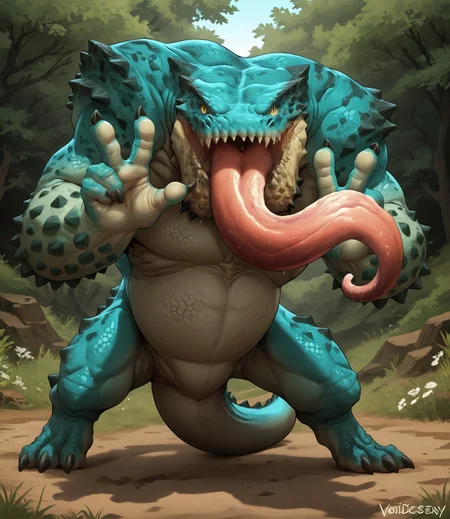 Voidlesky <lora:Voidlesky:0.7>
score_9, score_8_up, score_8, source_furry, 1boy, scalie, solo, 4, realism, dynamic lighting, cel shading, Chatacabra, feral, sfw, BREAK
standing, sweat, facing viewer, slit pupils, full body, facing viewer, double v, peace sign, sharp teeth, long tongue, standing up, BREAK
grass background, sand, outdoors, (wide hips, curvy figure, voluptuous), shadow, detailed background, zoomed out, zPDXL2 zPDXLxxx, facing viewer, claws, feet BREAK
<lora:lowlight:0.3> <lora:Chatacabra-step00000600:0.8> <lora:25d:0.4> <lora:Color:0.5> <lora:Shader:0.3> yellow eyes, gesture, hand gesture, front view