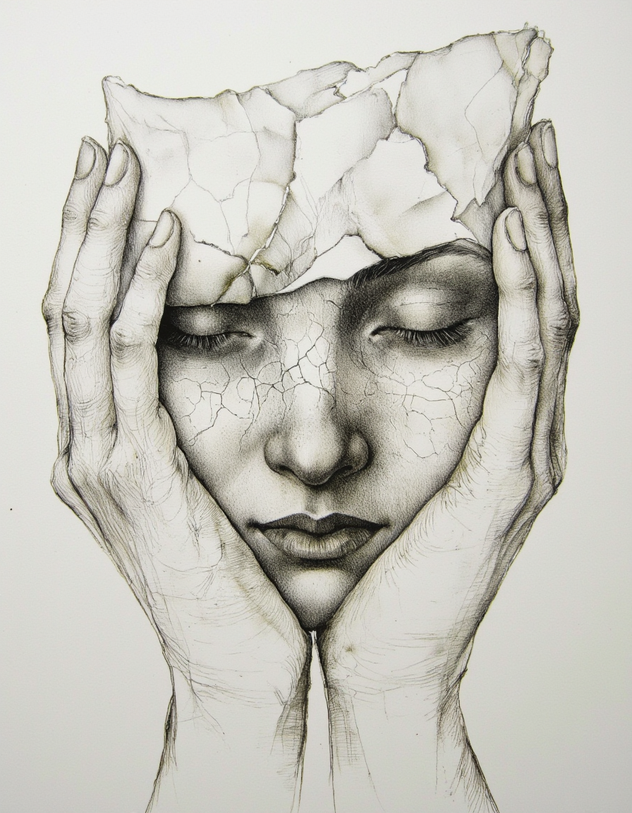 Art by Marina Richterova. A black and white, realistic pencil drawing of a woman's face, captured from a close-up camera angle. the subject, a young woman, appears to be in her early twenties, with her eyes closed and a serene expression. her face is cracked with thin, jagged lines, creating a sense of depth and texture. she is positioned in the middle of the image, holding her hands up to her face with both hands, as if in a moment of contemplation or introspection. her lips are slightly parted, revealing a hint of her teeth, and her nose is partially covered by a thin, torn piece of paper, adding to the sense of realism and depth to the image. the background is a plain, light-colored paper, allowing the focus to be on the subject's face and hands, which are intricately detailed and realistic. the overall effect is one of serenity and vulnerability, with the woman's expression and texture blending seamlessly into the background.