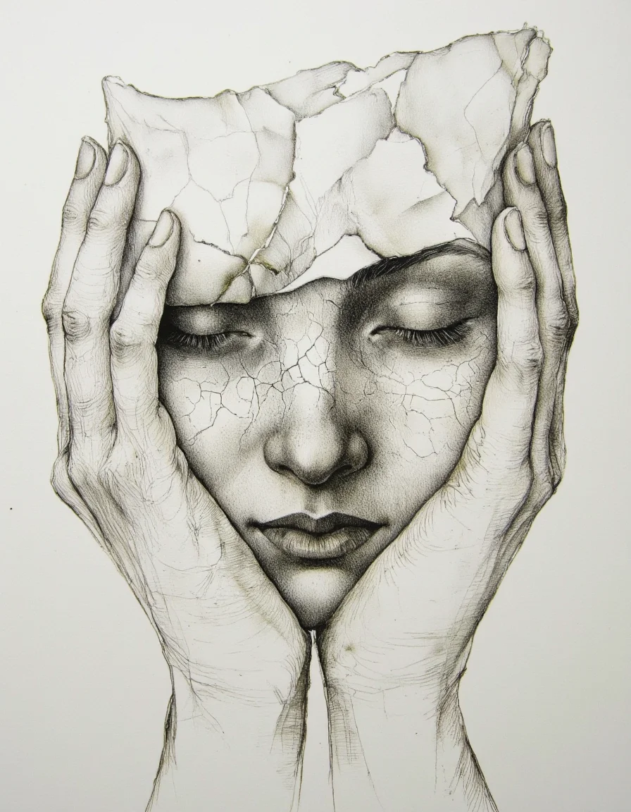 Art by Marina Richterova. A black and white, realistic pencil drawing of a woman's face, captured from a close-up camera angle. the subject, a young woman, appears to be in her early twenties, with her eyes closed and a serene expression. her face is cracked with thin, jagged lines, creating a sense of depth and texture. she is positioned in the middle of the image, holding her hands up to her face with both hands, as if in a moment of contemplation or introspection. her lips are slightly parted, revealing a hint of her teeth, and her nose is partially covered by a thin, torn piece of paper, adding to the sense of realism and depth to the image. the background is a plain, light-colored paper, allowing the focus to be on the subject's face and hands, which are intricately detailed and realistic. the overall effect is one of serenity and vulnerability, with the woman's expression and texture blending seamlessly into the background.