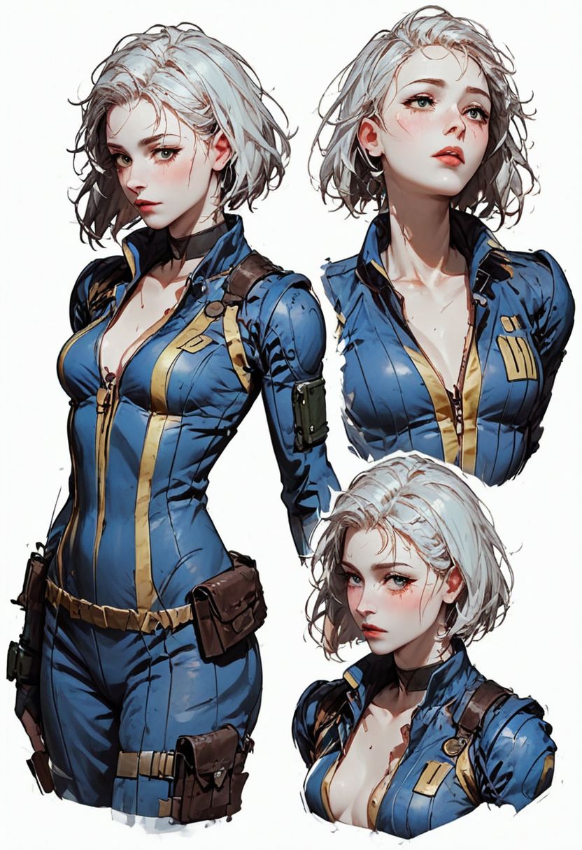score_9, score_8_up, score_7_up, Expressiveh, 
BREAK 1girl, 20 year old, gorgeous woman, small breasts covered, zipperd suit, closed zipper, wearing a vault tec fallout vault suit, pipboy3000, fallout, harsh sunlight, standing, posing shyly in the wasteland,random pose, yellow utility belt, multiple views, random views, read description, Expressiveh, fallout vault suit, conceptart,multiple views,white background,simple background
