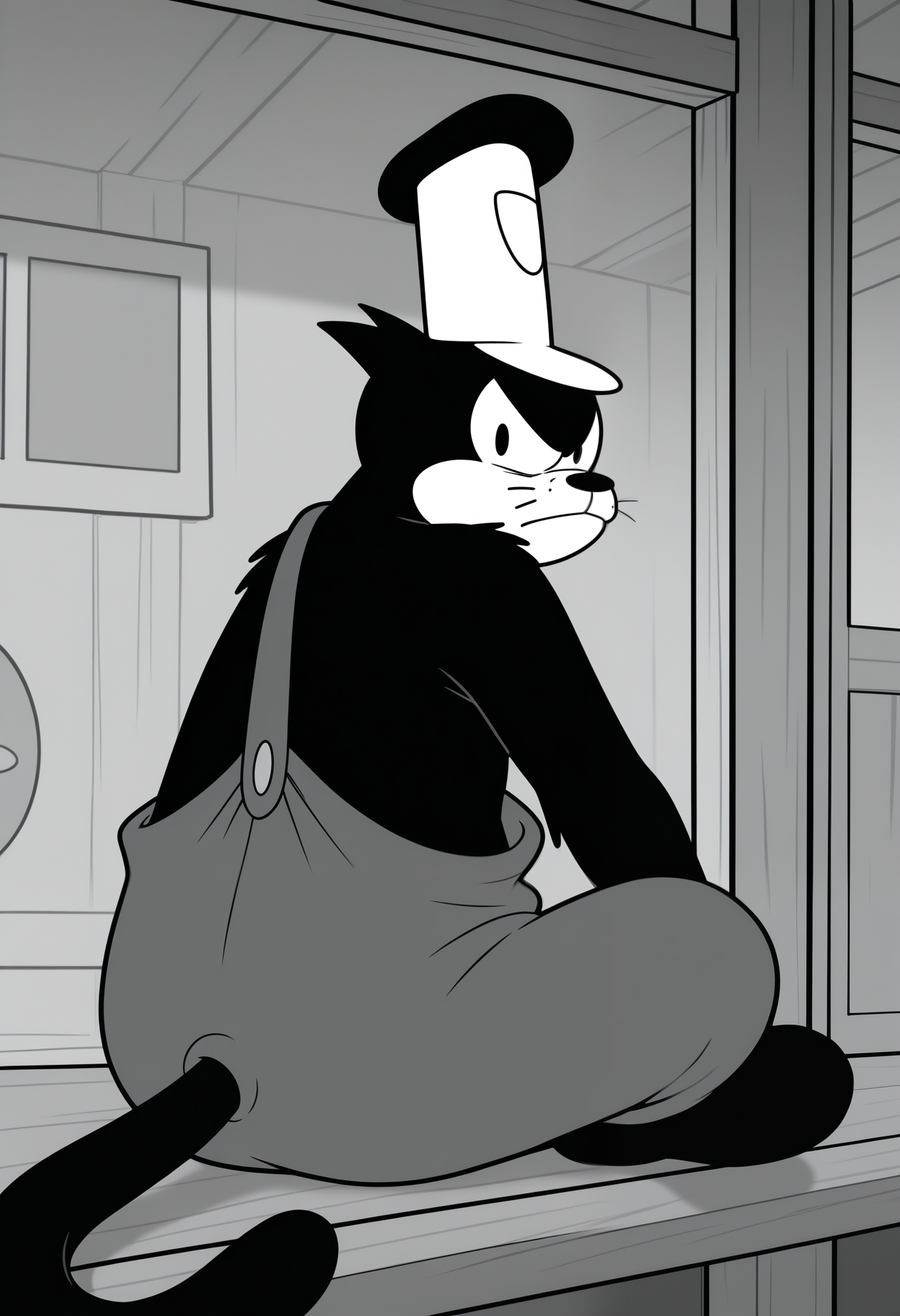 masterpiece,best quality,amazing quality,1boy, solo, p3t3, monochrome, furry male,  whiskers, tail, captain hat, overalls, sitting, looking back, annoyed,