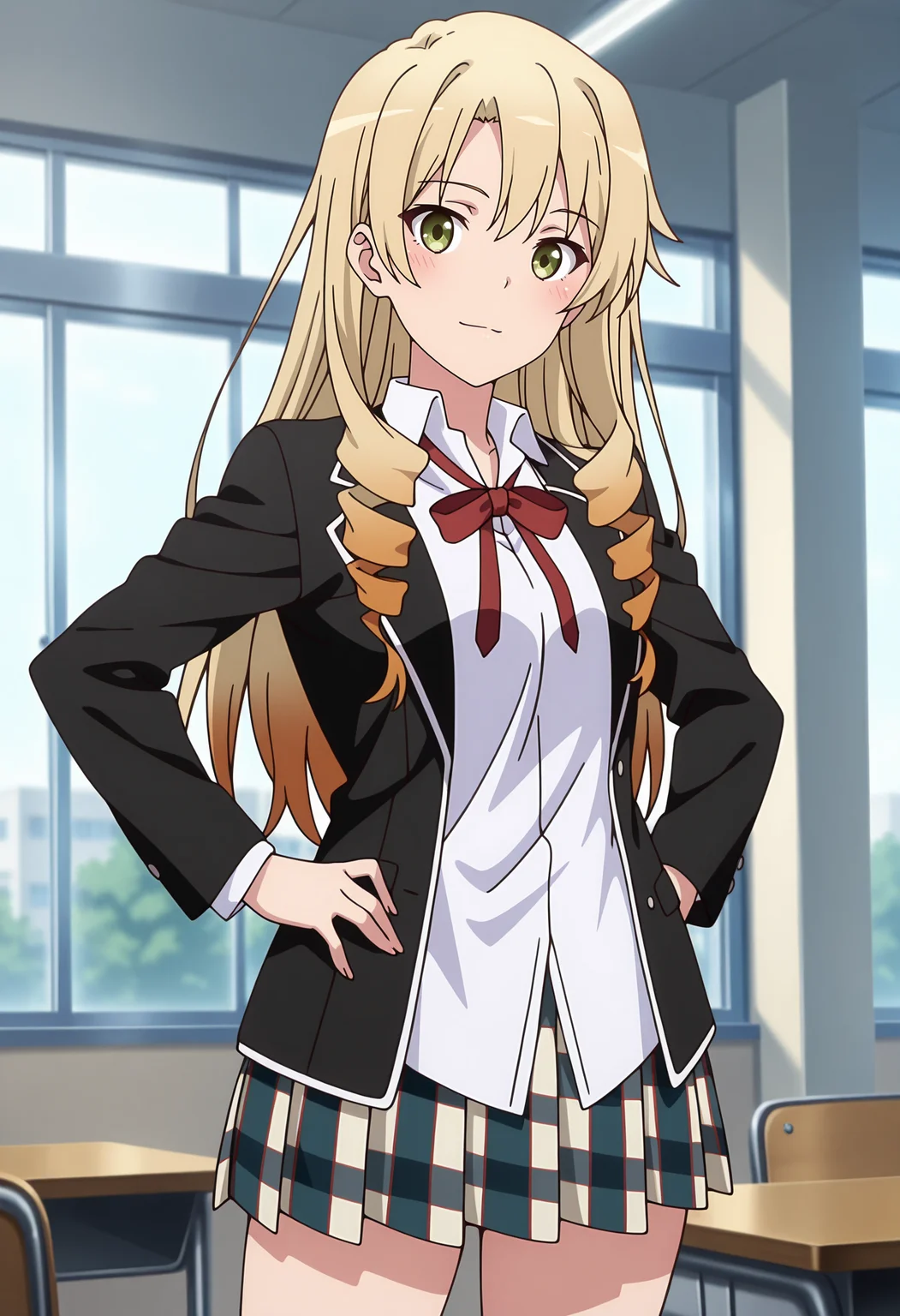 anime screencap, masterpiece, best quality,
<lora:YahariOreNoSeishunLoveComedy_MiuraYumiko_IlluXL:0.9>,
1girl, solo, closed mouth, blush, light smile,
long hair, multicolored hair, blonde hair, orange hair, green eyes, twin drills,
YumikoSchool, open jacket, black jacket, collared shirt, white shirt, neck ribbon, red ribbon, long sleeves,
plaid skirt, pleated skirt, multicolored skirt,
thighs,
hands on own hips, cowboy shot, standing, looking at viewer,
classroom, window, indoors, blurry background
