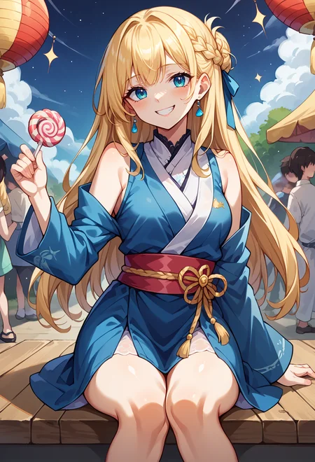 score_9, score_7_up, source_anime, solo, <lora:mxmarina-000002:1> BREAK mxmarina, french braid, half updo, Hair ribbon, blue kimono, summer festival, cotton candy, night sky, smile,