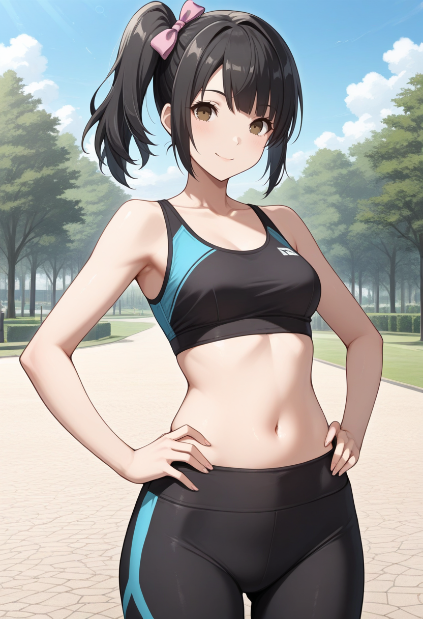 masterpiece, best quality, 1girl, solo, looking at viewer, cowboy shot, smile, park, blue sky hands on hips
pink sports bra, black yoga pants
 <lora:zs_EikoILLU:1> e1k0p5, black hair, side ponytail, brown eyes, ribbon,