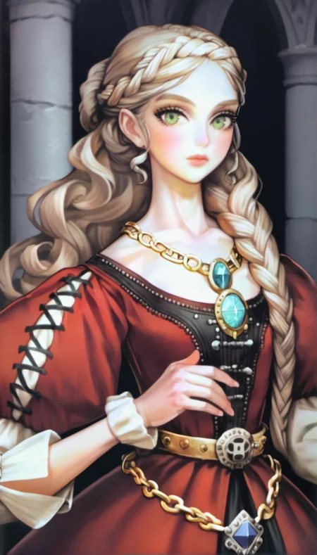 score_9,score_8_up,score_7_up,
<lora:vanillaStyle3:0.9>,
vanillastyle,
(princess vivian:0.9),1girl,solo,blonde hair,half updo,long hair,braid,light green eyes,looking at viewer,red gown with a black embroidered bodice,puffy sleeves adorned with black bows,embroidered detached sleeves with wrist cuffs,a large blue gemstone pendant,gold chain belt,upper body,indoors,a distant castle and soft landscape are visible,