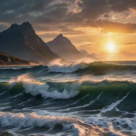 no humans,wave,realistic,  scenery, sky, cloud, outdoors, sunset, sunlight, mountain, water, sun, ocean, landscape, cloudy sky, dutch angle, horizon, nature <lora:waveXL:0.4>