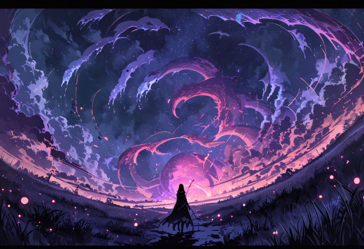 Very wide angle shot, big landscape, serene night, beautiful sky, Complex landscape, grassland, ocean,  swirling mists ,ghostly apparitions. Glowing will-o'-the-wisps ,  hooded figure stands guard. Color temperature: Moody and deep. Lighting: Flickering torches casting long shadows. Atmosphere: goth horror. --v 5 --stylize 1000