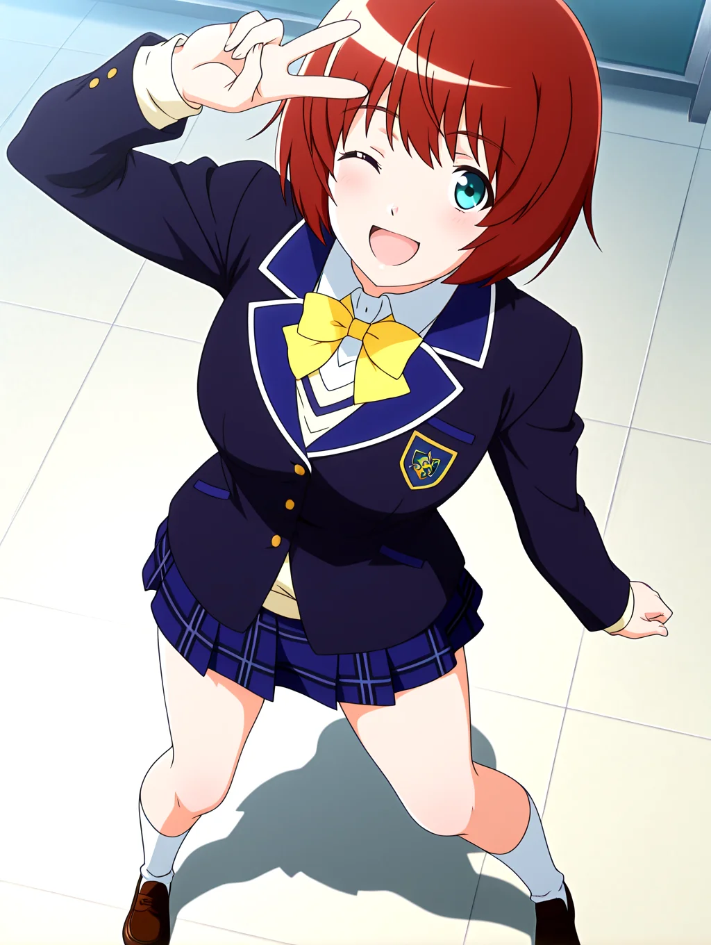 masterpiece,best quality,newest,absurdres,highres,detailed eyes,beautiful,detailed background,perfect eyes,anime coloring,anime screencap,
nsfw,explicit,<lora:add-detail-xl:1>,<lora:ponyv4_noob1_2_adamW-000017:0.8>,wear clothes,
1girl,solo,
v,legs apart,standing,smiling,open mouth,one eye closed,
looking at viewer,
<lora:IL-FumikoYanagi-TokimekiMemorial4-10:1>,il-fumiko-tokimemol4,1girl,solo,school uniform,blazer,long sleeves,bow,jacket,yellow bowtie,plaid skirt,socks,loafers,
