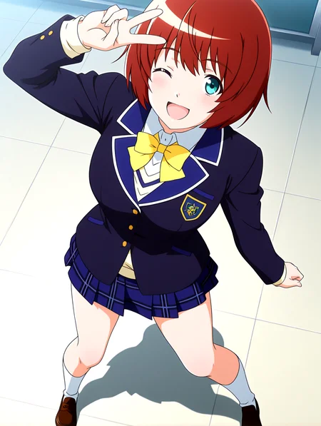 masterpiece,best quality,newest,absurdres,highres,detailed eyes,beautiful,detailed background,perfect eyes,anime coloring,anime screencap,
nsfw,explicit,<lora:add-detail-xl:1>,<lora:ponyv4_noob1_2_adamW-000017:0.8>,wear clothes,
1girl,solo,
v,legs apart,standing,smiling,open mouth,one eye closed,
looking at viewer,
<lora:IL-FumikoYanagi-TokimekiMemorial4-10:1>,il-fumiko-tokimemol4,1girl,solo,school uniform,blazer,long sleeves,bow,jacket,yellow bowtie,plaid skirt,socks,loafers,