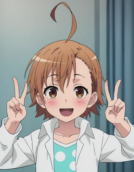 score_9, score_8_up, score_7_up, score_6_up, score_5_up, score_4_up, <lora:LastOrd_T1V0:0.85>, <lora:sdxl_lightning_8step_lora:1>,
source_anime, anime screencap, 1girl, solo,
LastOrd_T1V0, female child, brown hair, short hair, asymmetrical hair, ahoge, brown eyes, flat chest, blush, 
white shirt, dress shirt, open shirt, aqua dress, polka dot dress, collarbone, 
hands up, double v, 
looking at viewer, smile, open mouth, happy, 
indoors, upper body,
