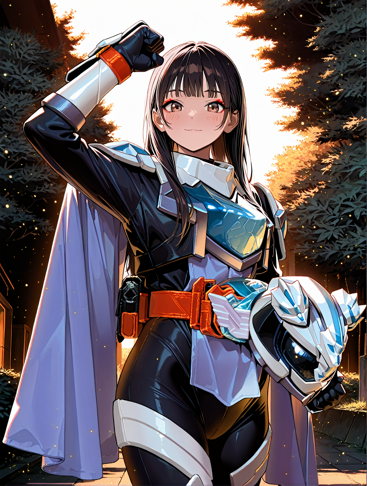 (masterpiece, best quality, amazing quality, very aesthetic, absurdres, newest, HDR, high contrast, 8K:1.4), perfect anatomy, official style, (ultra-detailed), ((extremely detailed)), (high resolution), anime coloring, female focus, solo focus, Smooth Quality - Illustrious, shot from front, dynamic angle, cinematic angle, , 
BREAK
1girl, (solo), cute girl, handsome, balanced figure, very sexy, kudorinne, long hair, black hair, bangs, long sleeves, brown eyes, jewelry, very cute, kawaii, makeup, blush, detailed face, (detailed eye:1.2), detailed facial features, , mooncerberus, armor, unwear helmet, gloves, bodysuit, belt, rider belt, , detailed body, detailed arms, (good_hands), , light smile, looking at viewer, standing, holding helmet, arm up, clenched hand, 
outdoors, best quality, <lora:spo_sdxl_10ep_4k-data_lora_webui:1.5>,<lora:KudoRinne:1>,<lora:KamenRiderMajade:1>,<lora:pony_good_hands:0.9>,<lora:offset_0.2:0.3>