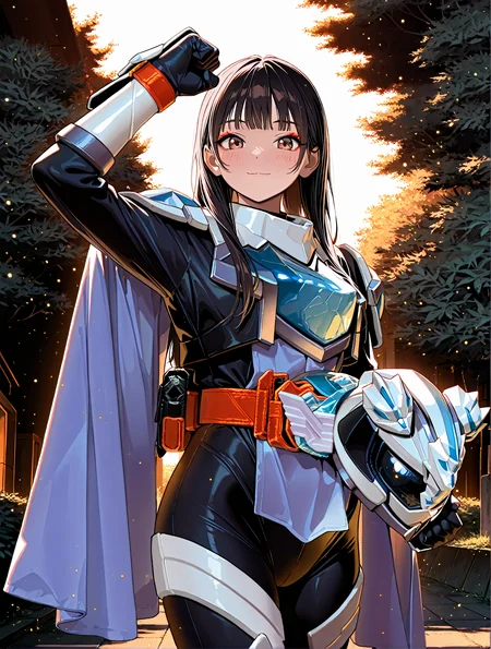 (masterpiece, best quality, amazing quality, very aesthetic, absurdres, newest, HDR, high contrast, 8K:1.4), perfect anatomy, official style, (ultra-detailed), ((extremely detailed)), (high resolution), anime coloring, female focus, solo focus, Smooth Quality - Illustrious, shot from front, dynamic angle, cinematic angle, , 
BREAK
1girl, (solo), cute girl, handsome, balanced figure, very sexy, kudorinne, long hair, black hair, bangs, long sleeves, brown eyes, jewelry, very cute, kawaii, makeup, blush, detailed face, (detailed eye:1.2), detailed facial features, , mooncerberus, armor, unwear helmet, gloves, bodysuit, belt, rider belt, , detailed body, detailed arms, (good_hands), , light smile, looking at viewer, standing, holding helmet, arm up, clenched hand, 
outdoors, best quality, <lora:spo_sdxl_10ep_4k-data_lora_webui:1.5>,<lora:KudoRinne:1>,<lora:KamenRiderMajade:1>,<lora:pony_good_hands:0.9>,<lora:offset_0.2:0.3>