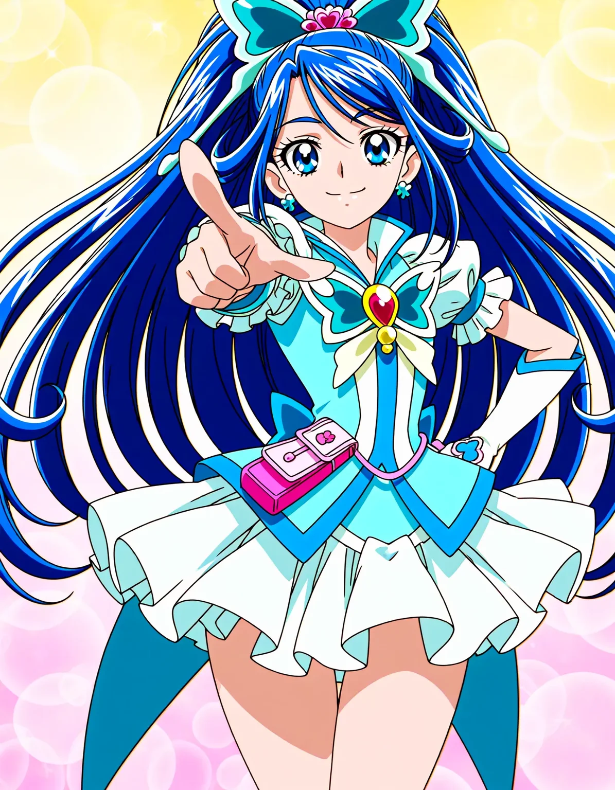 <lora:dmd2_sdxl_4step:1>,1girl,official style,masterpiece,best quality,newest,very aesthetic,highly detailed,high resolution,absurdres,highres,depth of field,super detailed skin,very awa,Anime,anime coloring,anime screencap,<lora:cure_aqua_v1:1>,cure aqua,thighs,abstract_background,smile,one eye closed,pointing_at_viewer,index_finger_raised,hand_on_hip,