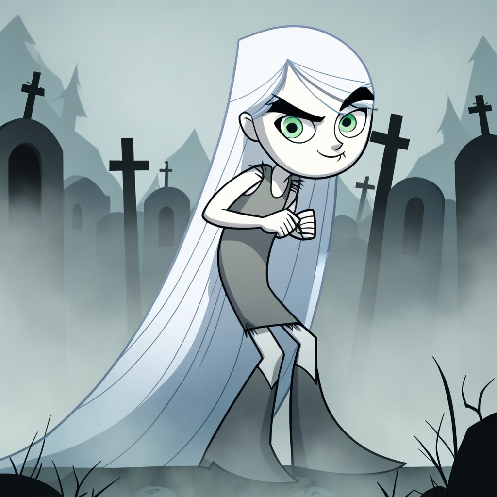 score_9, score_8, score_9, BREAK, solo, aisling, white hair, absurdly long hair, green eyes, smirk, outdoors, graveyard, fog