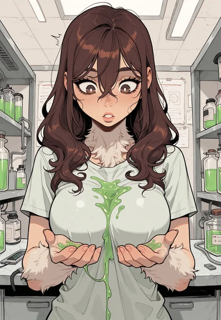 score_9, score_8_up, score_7_up, masterpiece, best quality, very aesthetic, 1woman, incoth, (incase:0.6), detailed face, (dynamic:1), brown hair, brown eyes, white pupils, (panic, surprised:1.1), long hair, t-shirt, looking down at animal-hands, (growing fur, spreading fur:1.1), (paws, animal hands:0.85), transformation, (laboritory, lab:1.1), experiment, (visual effects:1.1), (upper body:0.5), condition, spreading, covered in, liquid, three-quarter view, (itching, scratching:1.07), skin condition, mature, lips