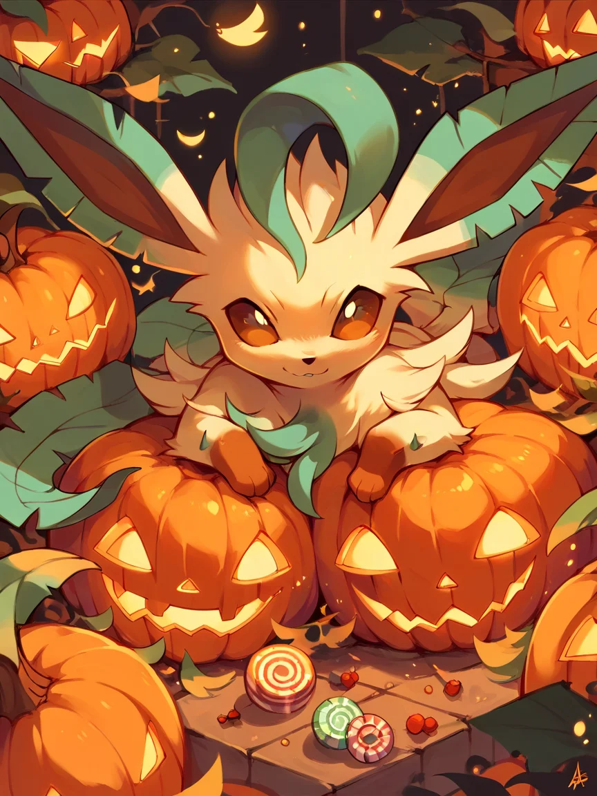 score_9, score_8_up, score_7_up, score_6_up, score_5_up, <lora:halloweenpokemonXLP:1> halloween pokemon, no humans, jack-o'-lantern, (leafeon:1), candy,