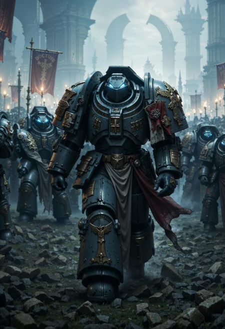 cinematic film still, GreyK40k, large space marine, walking in a battlefield with an army behind him, highly detailed, bokeh, moody, epic, film grain, grainy <lora:FluxGreyK40k:1>  <lora:FluxMythP0rtr4itStyle:0.8>