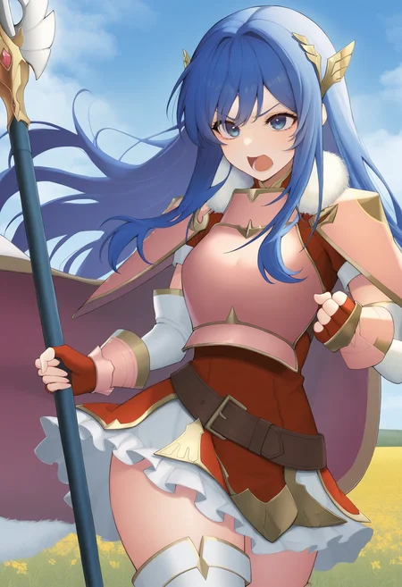 masterpiece, best quality, 1girl, solo, <lora:caeda-fe-richy-v1_ixl:1> caedaleg, blue eyes, blue hair, long hair, bangs, hair ornament, fur trim, pink shoulder armor, pink breastplate, pink armor, red dress, frilled skirt, red gloves, fingerless gloves, pink gauntlets, brown belt, white thighhighs, thighs, cape, outdoors, field, (shouting, angry:0.75), open mouth, blue sky, holding polearm, winged spear, fighting stance,