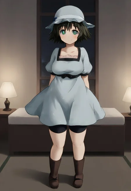 /Mayuri_Shiina (Steins;Gate)/, 1girl, blue eyes, big eyes, green eyes, shorts, shorts under dress, boots, large hips, short hair, bow, pantyhose, white headwear, bike shorts
Blushing, Thick thighs, sole female, smiling, looking at viewer, cute face, erotic smile, big hips, thick thighs, arms back, medium breasts, Exposed thighs, Hips marked in clothes
Japanese room, white bed, lamp, Night, window, Japanese Interior