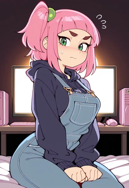 masterpiece, best quality, black outlines, score_9, score_8_up, score_7_up, soft lighting, dramatic lighting, artist:wamudraws, fishine, (backlighting:1.6), 1girl, solo, kiui_watase, pink hair, blunt bangs, short hair, green eyes, thick eyebrows, side ponytail, dark blue hoodie, baggy clothes, overalls, bedroom, dark bedroom, sexy, looking back at viewer, seductive, embarrassed, (annoyed:0.6), computer, pc, medium breasts, on bed, bed,