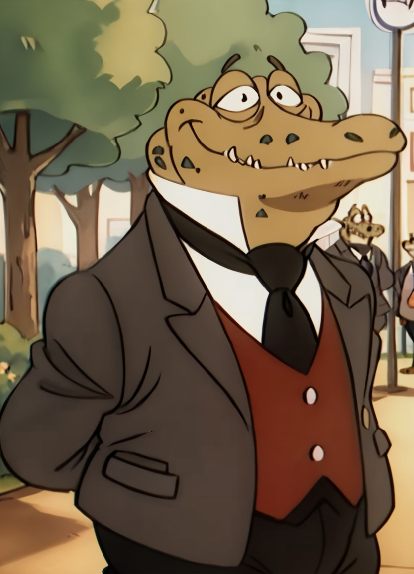 <lora:MayorCrocPony1.0:1.0> mayor croc, formal, suit, 1boy, solo, male focus, furry, crocodile, green skin, scales, furry male, necktie, teeth, fangs, no humans, vest, score_9, score_8_up, score_7_up, score_6_up, score_5_up, score_4_up, looking at viewer, arms behind back, cowboy shot,park,arms behind back,