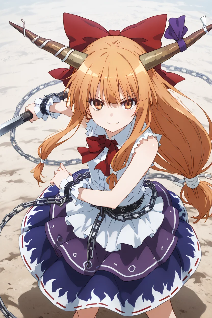 masterpiece, best quality, 1girl, solo, 21 year old model, eyelashes, (beautiful eyes), ,,, <lora:IbukiSuikaTouhouIXL:1.0>, zzSuika, brown eyes, hair bow, horns, long hair, low-tied long hair, oni horns, orange hair, very long hair, horn ribbon, sleeveless shirt, wrist cuffs, bow, ribbon, horn ornament, sleeveless, chain, skirt, shirt, from above, dynamic pose, cowboy shot, smile, looking at viewer, shiny skin,<lora:PrismaIllyaIXL_v2:1.0>,