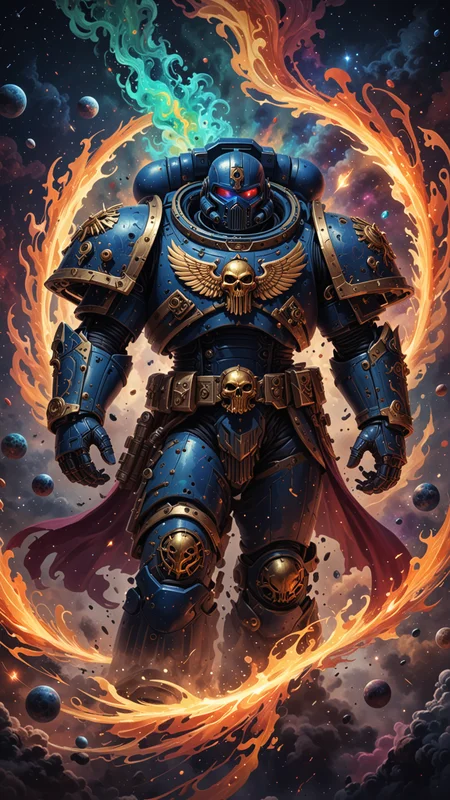 Ink illustration on parchment. Space Marine , order and chaos, whirling astral setting, dichromatism, wide-eyed wonder, astral glow, celestial patterns, swirling nebulas. Bokeh blur. EPIC, Colorful. BadDream, (Use Dream Diffusion Secret Prompt), <lora:3D_Framed_Wall_Art_-_By_DICE:0.6>, (Framed 3D, Fire), UHD