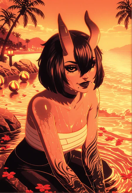 GLSHS,delicate colors,partially illuminated, (masterpiece, absurdres, very awa:1.4), golden hour, orange theme, sunset, beach, rocks, beach ball, sand, palm tree, smug, looking at viewer, fortnitenightrose, 1girl, black hair, short hair, bob cut, bangs, hair between eyes, hair over one eye, asymmetrical horns, oni horns, skin-covered horns, black eyes, black sclera, sclera, closed mouth, mole, mole under mouth, black lips, lipstick, makeup, natural hot spring, sitting on rock with legs dipped in water, wet skin, towel draped around body, cleavage, steam, gentle ripples in water, warm lantern glow, flower petals floating on water, <lora:GLSHS-IL:1.2>,  <lora:Fortnite_The_Night_Rose_All_Outfits_ILXL:0.8>, <lora:dmd2_sdxl_4step_lora:1>