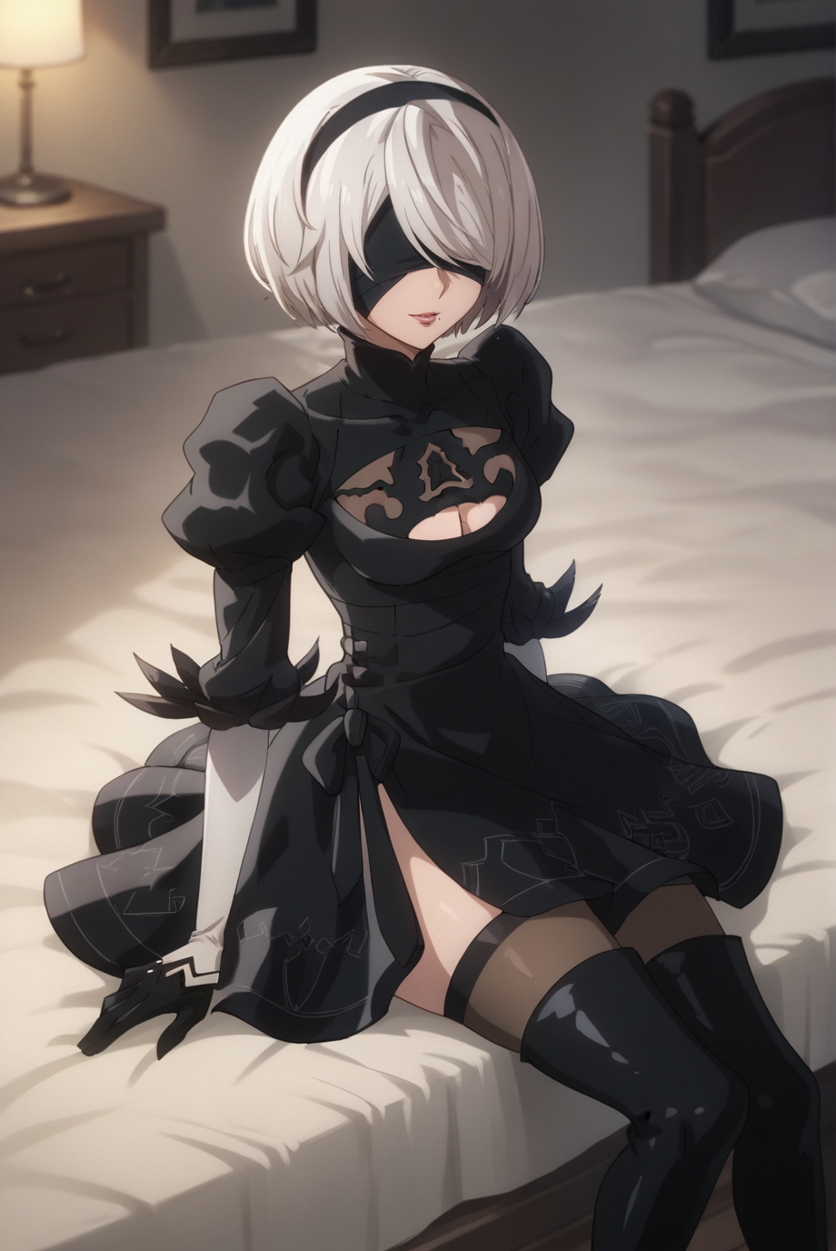 score_9, score_8_up, score_7_up, score_6_up, score_5_up, score_4_up, BREAK source_anime, 1girl, solo,
<lora:2BXL-v2-07:0.8>, Chopio2B, short hair, white hair, bob cut, black hairband, mole under mouth, blindfold, covered eyes, looking at viewer,
medium breasts, pink lips,
outfit_1, black dress, cleavage cutout, juliet sleeves, feather-trimmed sleeves, layered sleeves, black gloves, black stockings, black footwear, thigh boots, high heel boots,
bedroom, bed, seductive smile, parted lips, sitting, arm support,