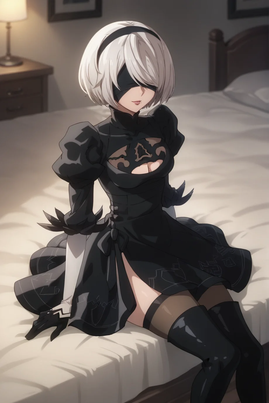 score_9, score_8_up, score_7_up, score_6_up, score_5_up, score_4_up, BREAK source_anime, 1girl, solo,
<lora:2BXL-v2-07:0.8>, Chopio2B, short hair, white hair, bob cut, black hairband, mole under mouth, blindfold, covered eyes, looking at viewer,
medium breasts, pink lips,
outfit_1, black dress, cleavage cutout, juliet sleeves, feather-trimmed sleeves, layered sleeves, black gloves, black stockings, black footwear, thigh boots, high heel boots,
bedroom, bed, seductive smile, parted lips, sitting, arm support,