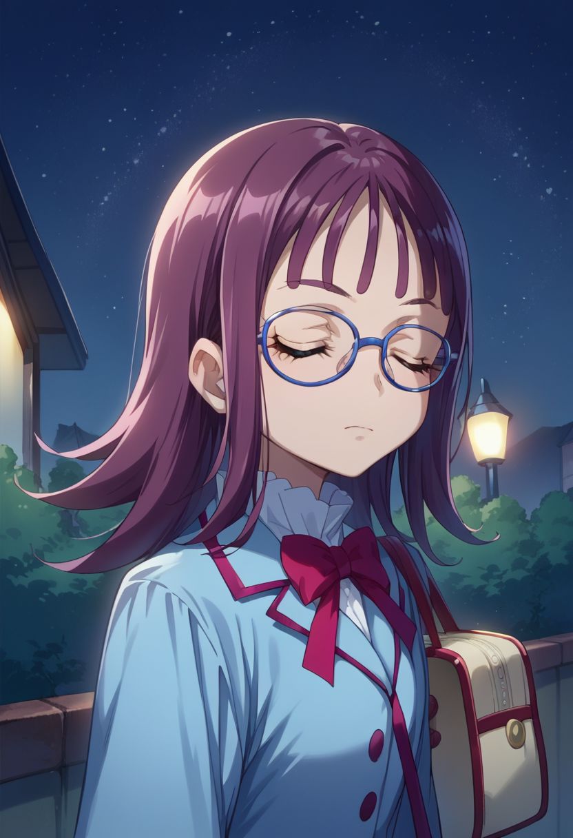 score_9, score_8_up, score_7_up, source_anime,
houjousakura, glasses, close-up, skirt, looking at viewer, night, sky, night sky, bag, :d, closed eyes