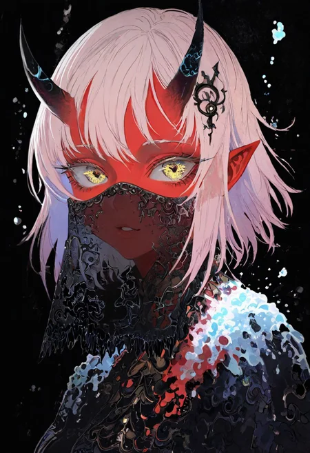 masterpiece, best quality, amazing quality, 1girl, hair ornament, 
 8K, illustrating, CG, detailed-eyes, detailed background, cute girl, eyelashes, lowlight
BREAK
sexy, slutty, hot, aroused, 
BREAK
detailed background, eyelashes, erotic, looking seductive, coy. dynamic action image, detailed face, detailed eyes, direct mesmerizing gaze, 
BREAK
(EyesHD:1.2), (4k,8k,Ultra HD), masterpiece, best quality, ultra-detailed, very aesthetic, sharp focus, depth of field, ray tracing, best lighting, detailed illustration, detailed background, cinematic, beautiful face, beautiful eyes,
BREAK
Aka-Oni, oni, colored skin, red skin, smooth horns, black horns, 
BREAK
Eric Madigan Heck animals style, 
Expressive painting in dynamics and emotionality. 
Anime art, portrait, mist around her body.
silk veil, full face veil, with many intricately flowing threads of light on the black background,
The mist creates a dramatic and surreal effect. mosaic zentangle, woman hissing, swirling particles, outline of glowing snow, abstract graphics, outline of epic eyes formed by burni