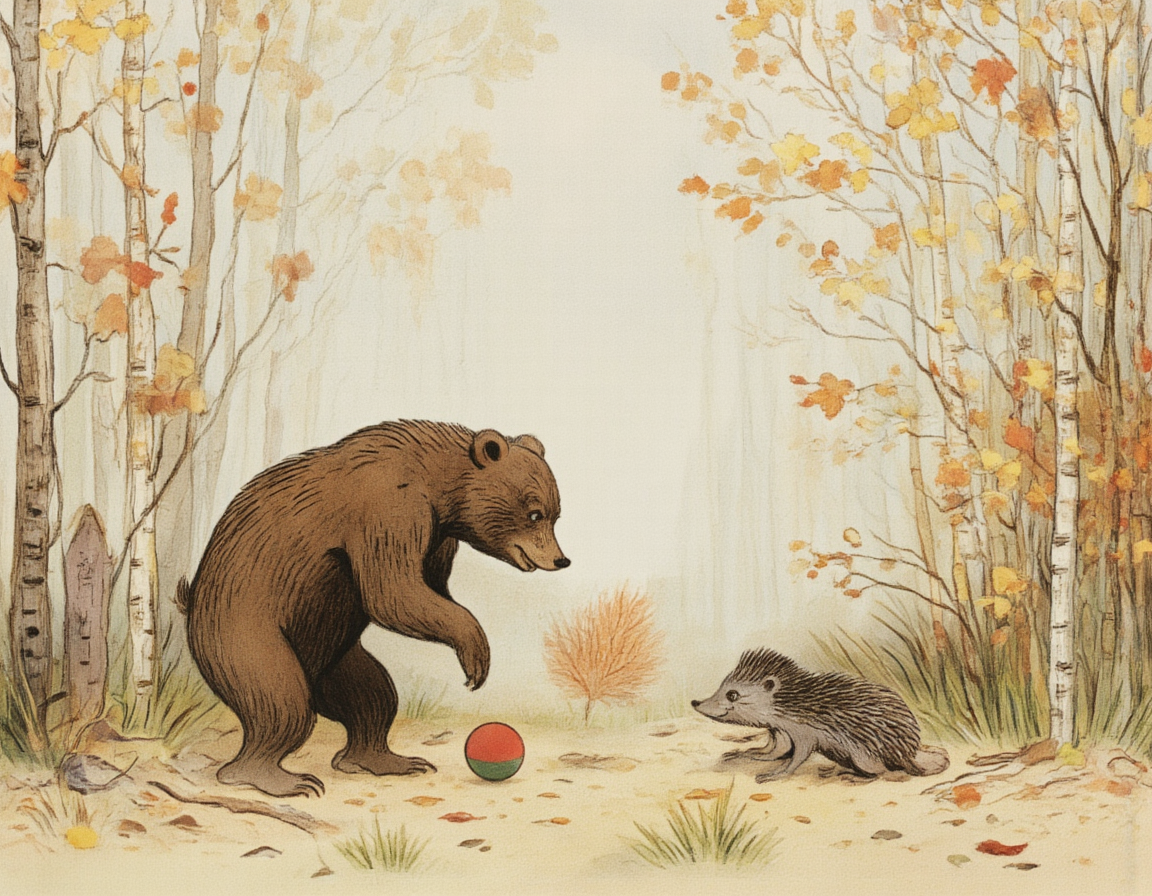 <lora:SUT_NEW:1>, A bear and a hedgehog playing with a ball in the autumn forest, in the artistic style of Vitaly Suteev â charming characters, muted autumnal tones, gentle brushstrokes, nostalgic Soviet-era childrenâs book illustration
