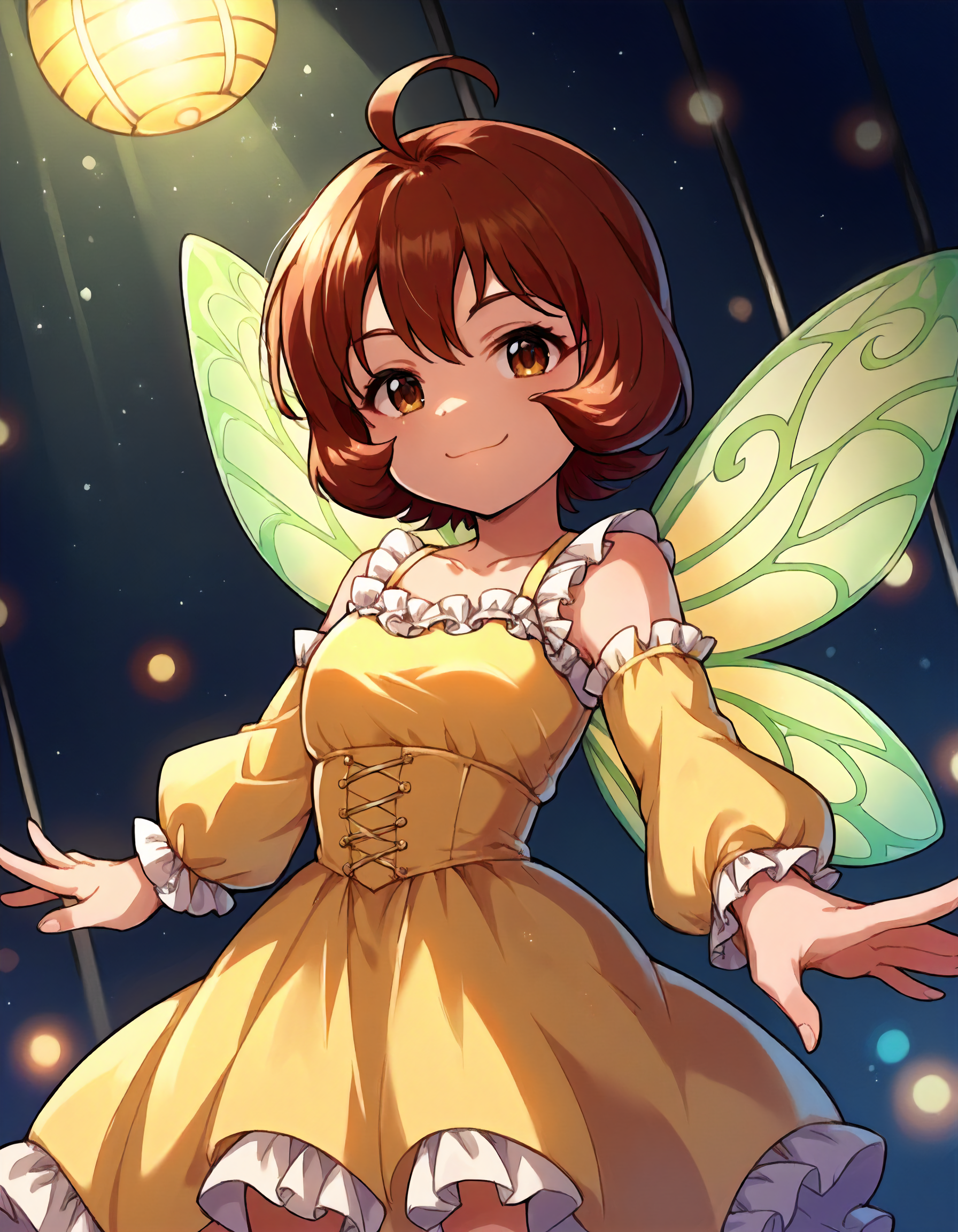 score_9,score_8_up,score_7_up,1girl,solo,cowboy shot,looking at viewer,smile,closed mouth,stage lights,
<lora:uedasuzuho_ponyXLV6:0.8>,cgus,
red hair + brown hair,short hair,ahoge,brown eyes,
yellow dress,detached sleeves,frills,fairy wings