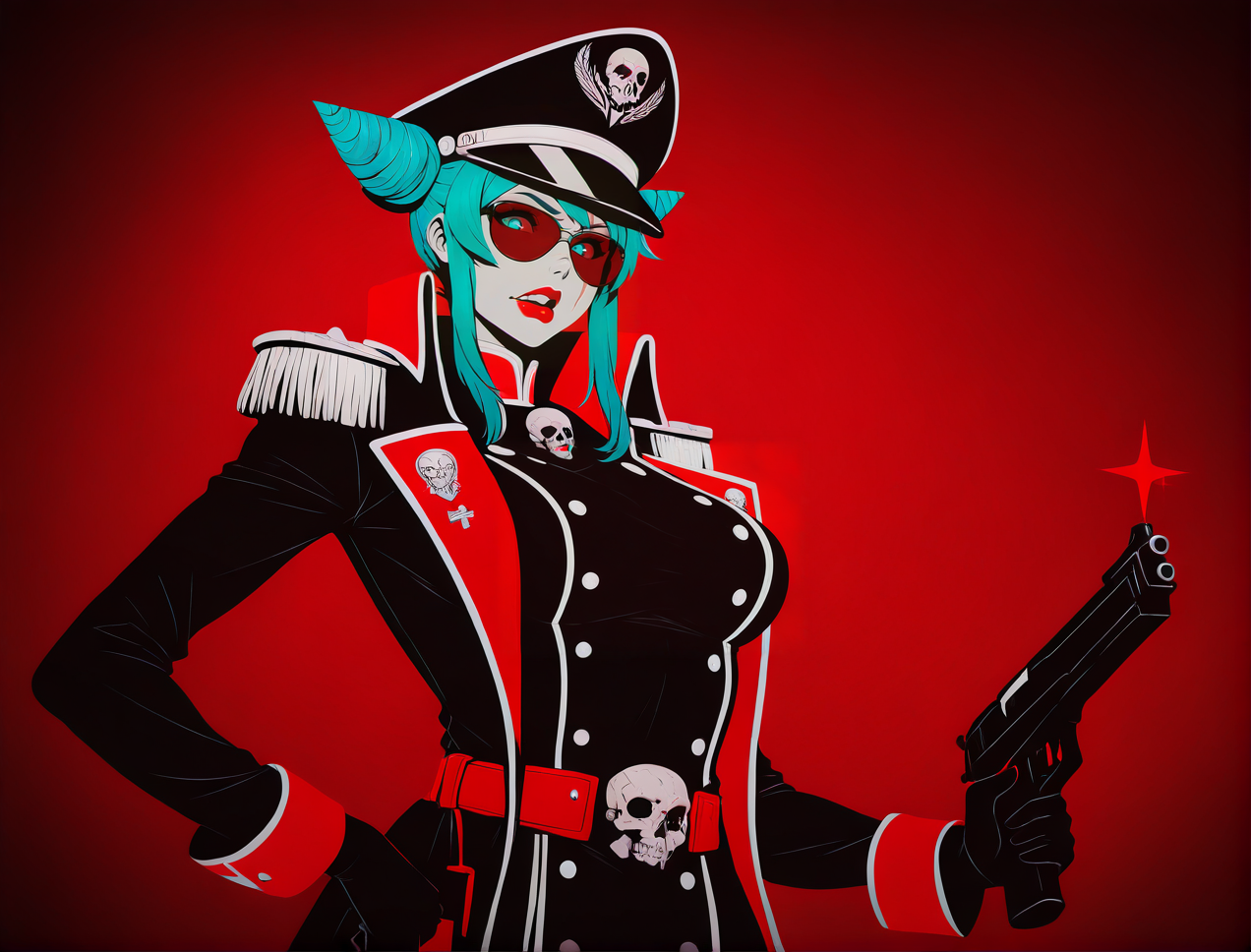 limited color palette,lineart,vector,red theme,dark theme,1girl, solo, breasts, looking at viewer, blue eyes, gloves, bare shoulders, medium breasts, blue hair, sidelocks, hairband, elbow gloves, hair bun, lips, double bun, aqua hair, cone hair bun,puffy lips,lipstick,sunglasses,looking at viewer,
edgCommissar,  looking at viewer,  gloves, long sleeves, closed mouth, jacket,  belt, uniform, coat, black jacket, hand on hip, sparkle, black headwear, scar, epaulettes, black coat ,wearing edgCommissar,skull emblem,millitary uniform,hat,teeth,handgun,holding weapon,
 <lora:edgIllustriousXLCommissar-000004:1>
 <lora:edgIllustriousXL_Flatstylelr:1>