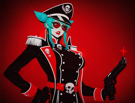 limited color palette,lineart,vector,red theme,dark theme,1girl, solo, breasts, looking at viewer, blue eyes, gloves, bare shoulders, medium breasts, blue hair, sidelocks, hairband, elbow gloves, hair bun, lips, double bun, aqua hair, cone hair bun,puffy lips,lipstick,sunglasses,looking at viewer,
edgCommissar, looking at viewer, gloves, long sleeves, closed mouth, jacket, belt, uniform, coat, black jacket, hand on hip, sparkle, black headwear, scar, epaulettes, black coat ,wearing edgCommissar,skull emblem,millitary uniform,hat,teeth,handgun,holding weapon,
<lora:edgIllustriousXLCommissar-000004:1>
<lora:edgIllustriousXL_Flatstylelr:1>