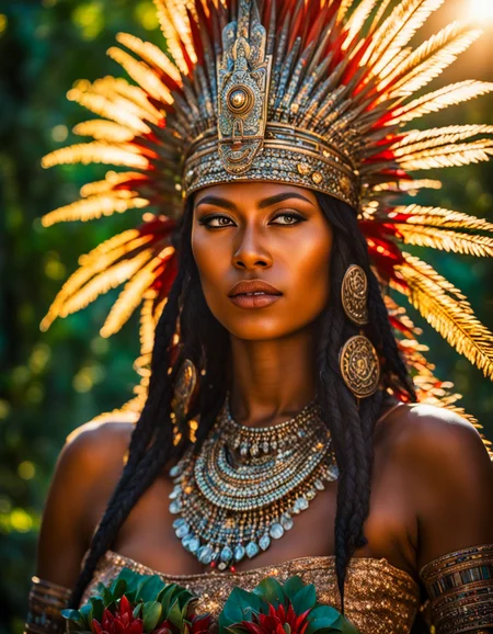 award winning (portrait photo:1.2) of an (Aztec Priestess:1.2), blood, sinister, evil, sweaty, large jungle bush in foreground, sunny, jungle plants in background, step pyramid covered in jungle, (backlighting:1.2), bloom, (light sparkles:1.2), chromatic aberration, (lens flare:1.2), sharp focus