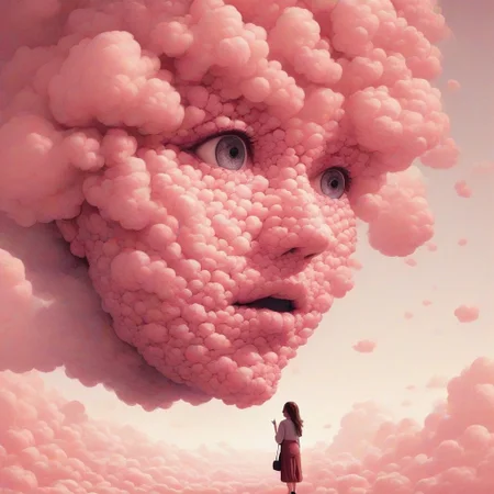 a girl talking to a very large head made of pink clouds, high quality, high resolution, debb