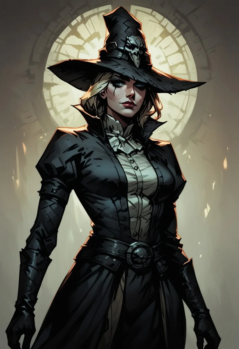 score_9, score_8_up, score_7_up, BREAK, 1woman, cowboy-shot, beautiful, dramatic lights ((Graverober, blonde, DarkestDungeon, GraverobberDD, hat, Darkest Dungeon, DDstyle, Darkeststyle))