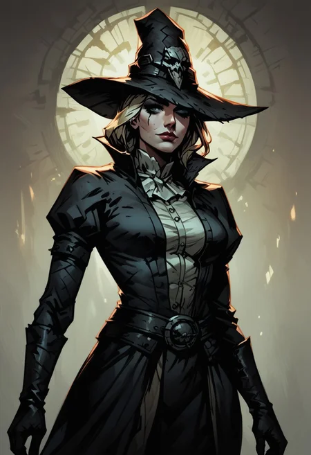 score_9, score_8_up, score_7_up, BREAK, 1woman, cowboy-shot, beautiful, dramatic lights ((Graverober, blonde, DarkestDungeon, GraverobberDD, hat, Darkest Dungeon, DDstyle, Darkeststyle))