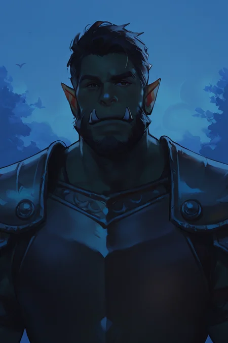 score_9, score_8_up, score_7_up, dark theme, low light, solo, male focus, mature male, orc, green skin, tusks, beard, outdoors, armor, looking at viewer, shoulder armor, breastplate, upper body, closed mouth, pauldrons, night, night sky, standing <lora:Smooth Night Style SDXL_LoRA_Pony Diffusion V6 XL:1>