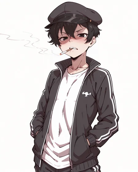 IllustriousQual_1017896, detailed face, detailed body,  theine, linear hatching, OCDamien, 1boy, solo, otoko no ko, toned, nose shade, black hair, black eyes, very short hair, pixie cut, hair between eyes, black flat cap, gopnik, cigarette in mouth, black track suit, white t-shirt,  scowl, gritting teeth, looking at viewer, facing viewer, hands in pockets,cowboy shot, simple background, white background, <lora:StS-Illustrious-Detail-Slider-v1.0:5><lora:hand 5.5_903007:0.9><lora:OC_Damien:1> <lora:StS_Age_Slider_Illustrious_v1:3><lora:il_brightness_slider_d1_1133126:0><lora:Muscle slider 3_last:2><lora:PP slider_last:-1><lora:theobrobine-guy90-Illust-Lycorisv1:1>