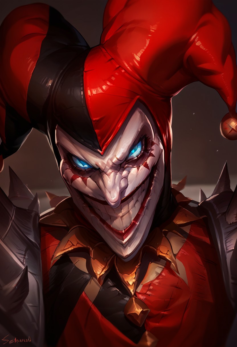 score_9_up, score_8_up, score_7_up, solo, 1boy, lol_sh@co, white skin, glow blue eyes, pointy nose, grin, jester cap, pauldrons, jester jacket, portrait, face focus,